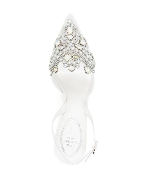 Rene Caovilla White Lace Embellished Crystal Sling Back Pumps