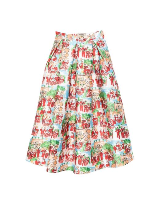 ALESSANDRO ENRIQUEZ White Illustrative-Print Pleated Mid Skirt