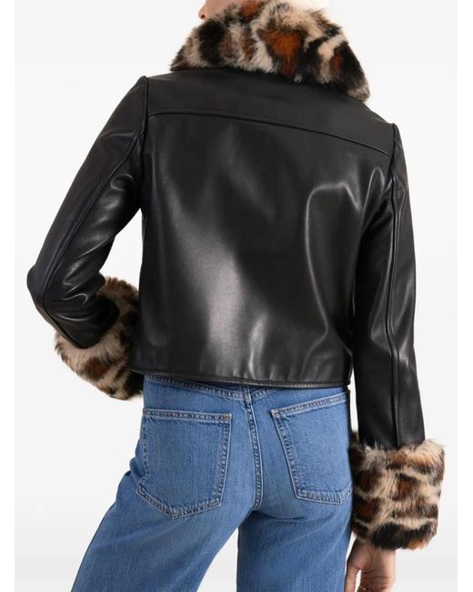Susan Bender Black Leopard-Trim Leather Jacket