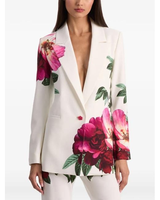 Alice + Olivia White Denny Boyfriend Notch-Collar Floral Blazer