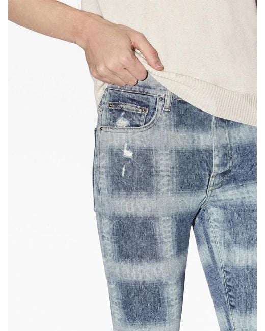 Amiri Blue Logo Plaid-Print Skinny Jeans for men