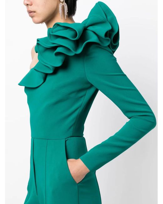 Elie Saab Green One-Shoulder Ruffled Jumpsuit