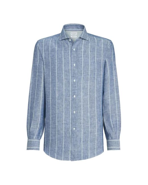 Brunello Cucinelli Blue Striped Twill Shirt for men