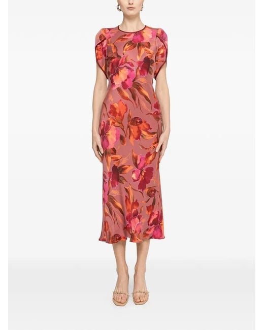 Nissa Red Printed Cupro Midi Dress