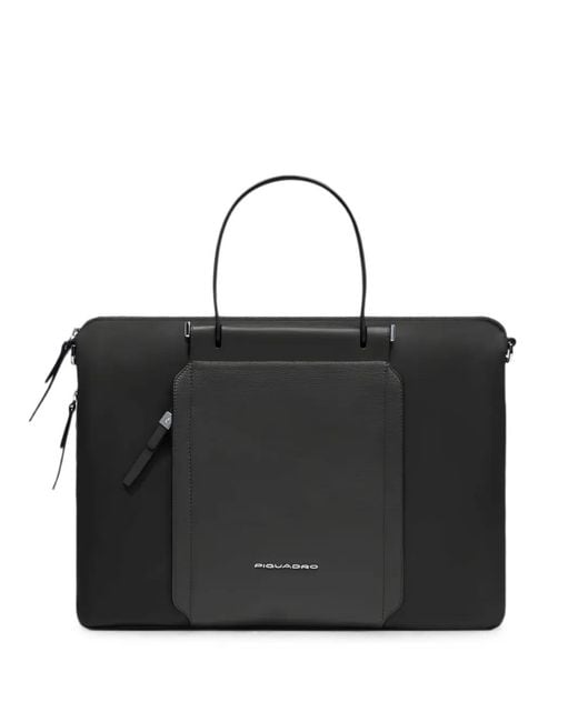 Piquadro Black Logo-Plaque Leather-Trim Briefcase for men