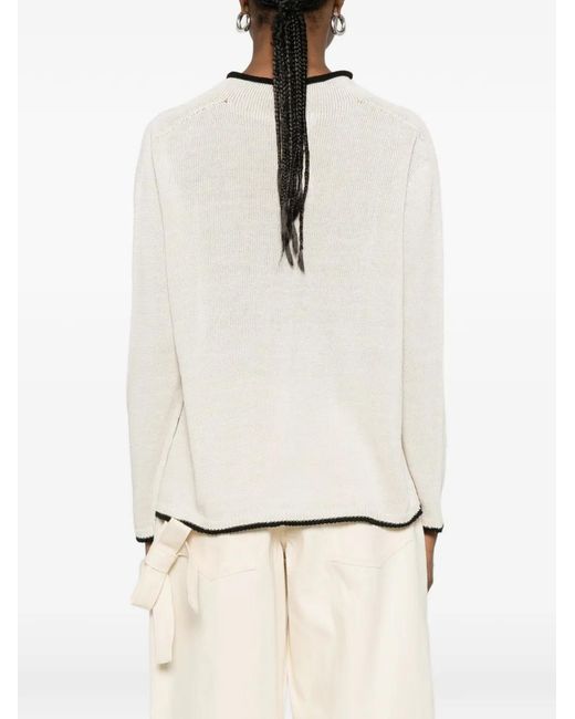Max Mara White Embroidered Front Linen Sweater With Contrasting Trim