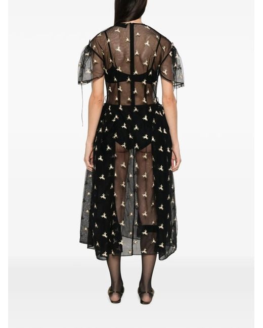 Simone Rocha Black Floral-Embroidered Puff-Sleeve Dress