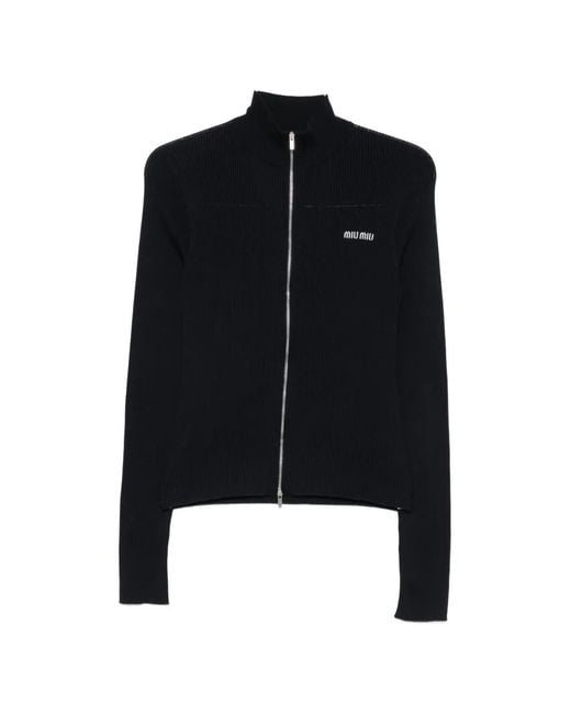 Miu Miu Black Ribbed Zip-Up Cardigan