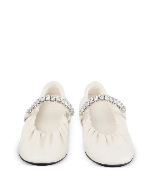 Jimmy Choo White Jade Ballerina Latte Soft Nappa-Leather Ballerina Flats With Crystal Strap