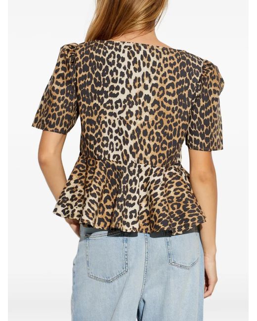 Ganni White Leopard-Print Peplum Blouse