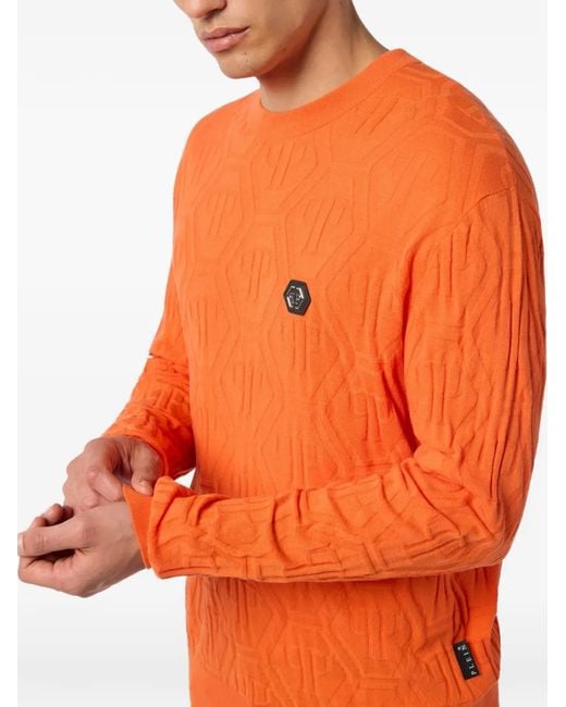 Philipp Plein Orange Jacquard Round-Neck Monogram Knitwear for men