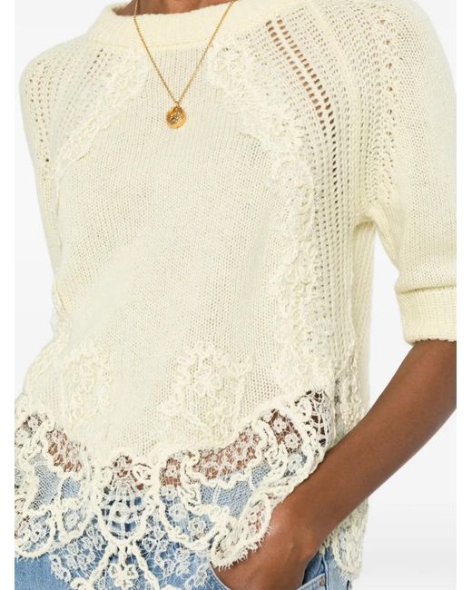 Ermanno Scervino Natural Lace-Trim Short-Sleeve Sweater
