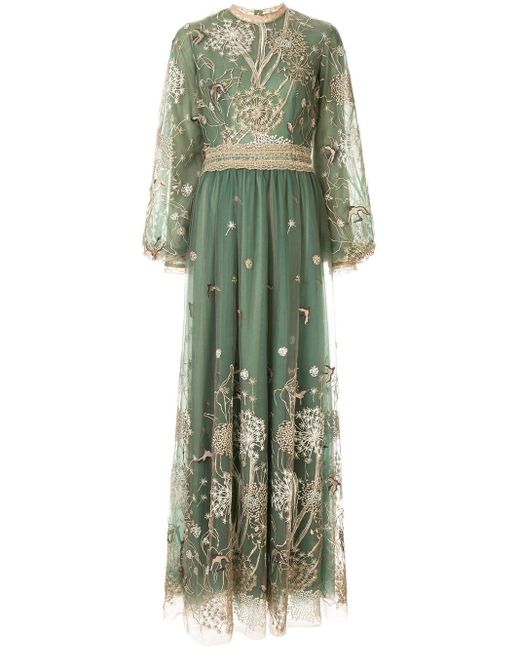Costarellos Green Story-telling Embroidered Tulle Gown