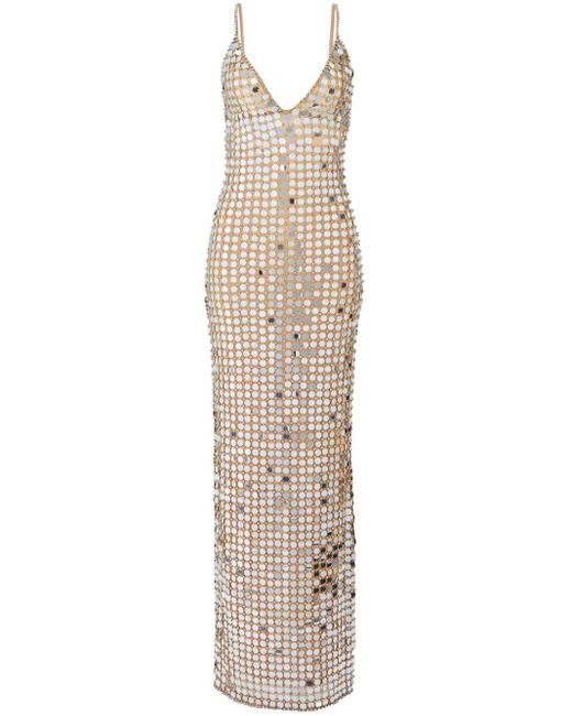 retroféte White Perri Crystal And Pailettes Embellished Long Dress