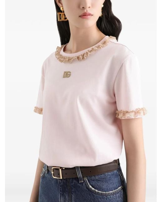 Dolce & Gabbana Pink Logo-Embroidered Ruffled T-Shirt