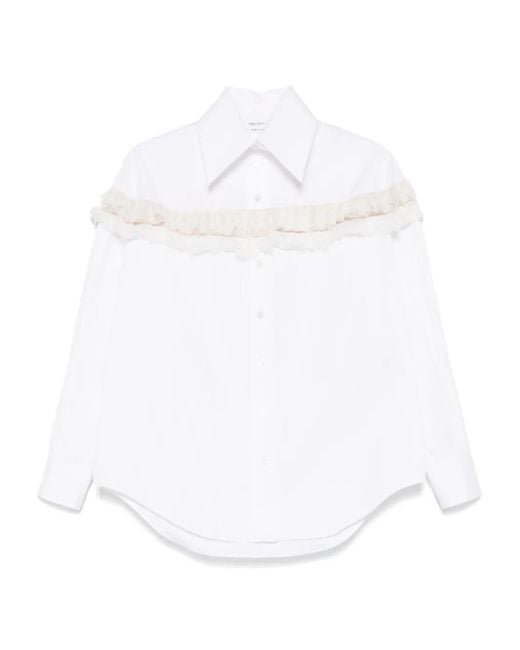McQueen White Cotton Slashed Creponne Detail Shirt