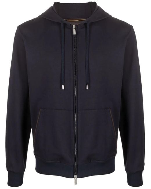 Moorer Blue Drawstring Zip-Up Hoodie for men