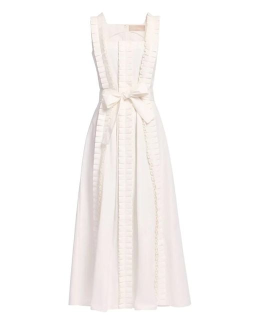 Elie Saab White Pleated Ruffle Midi Dress