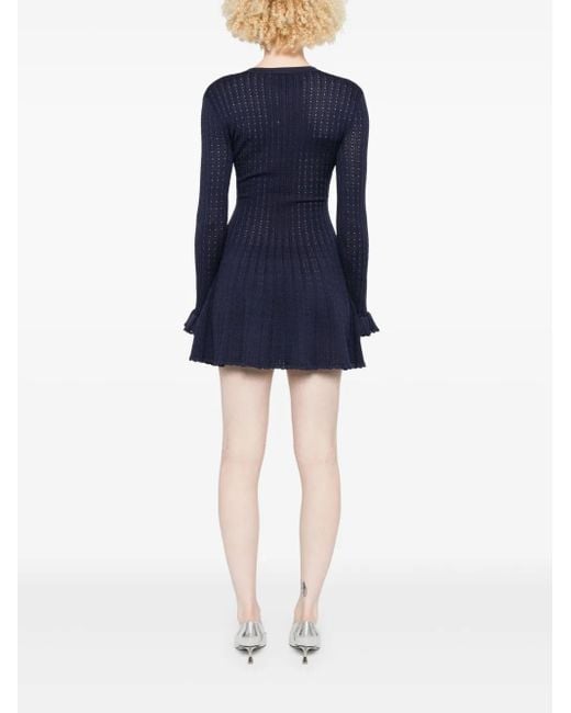 Self-Portrait Blue Perforated Knit Short Dress With Removable Lace Brooch