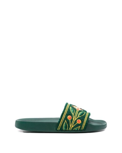 Casablanca Green Floral-Embroidered Slides