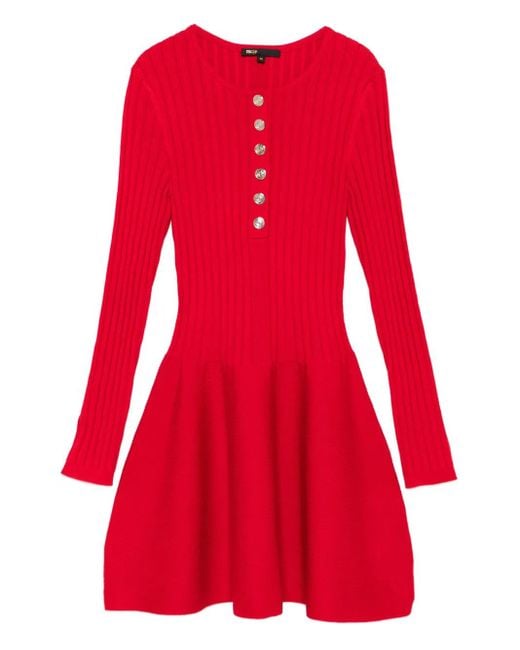 Maje Red Geripptes Kleid Mit Knöpfen