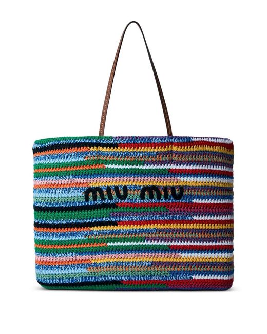 Miu Miu Red Striped Crochet-Knit Tote Bag