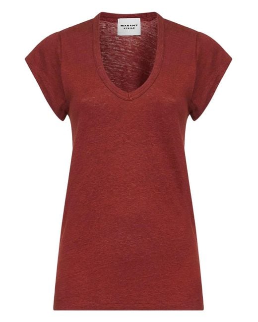 Isabel Marant Red Ribbed V-Neck T-Shirt