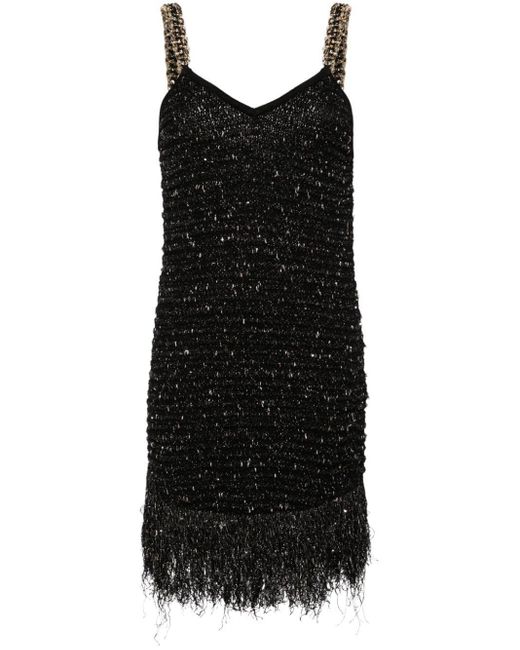 Balmain Black Minikleid Aus Bouclé-tweed Mit Pailletten, Verzierungen Und Fransen