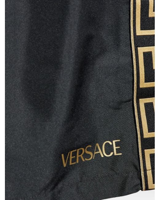 Versace Gray Drawstring Logo-Print Swim Shorts for men