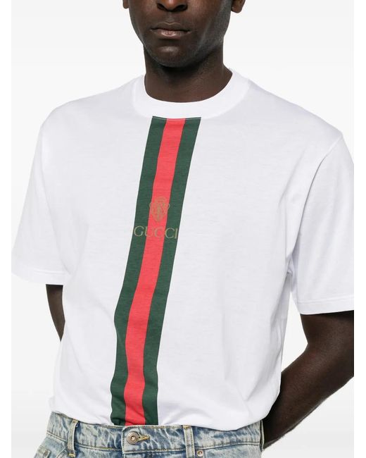 Gucci White Web-Stripe Logo-Print T-Shirt for men