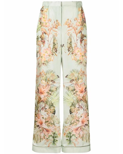 Alberta Ferretti Metallic Botanical-Print Wide-Leg Trousers