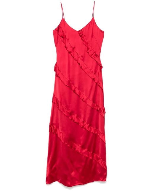 Twinset Red Maxi Ruffled Satin Dress