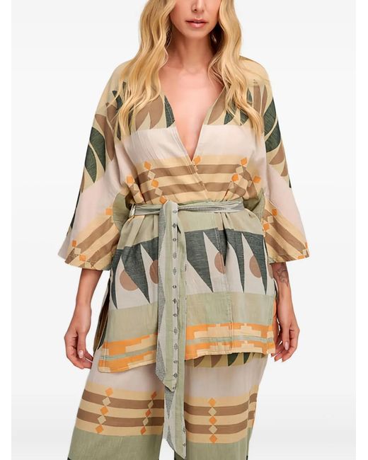 Pearl & Caviar Natural Zakar Geometric-Belted Coat