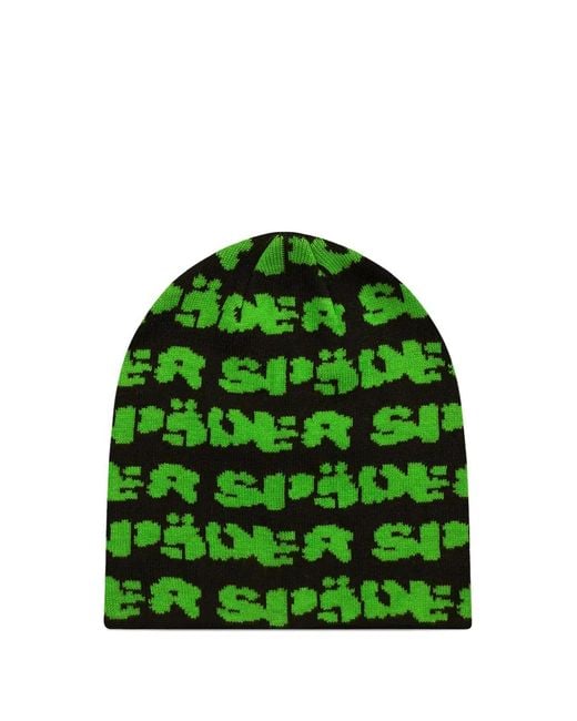 Sp5der Green Fuzzy Logo Skully Beanie Hat for men