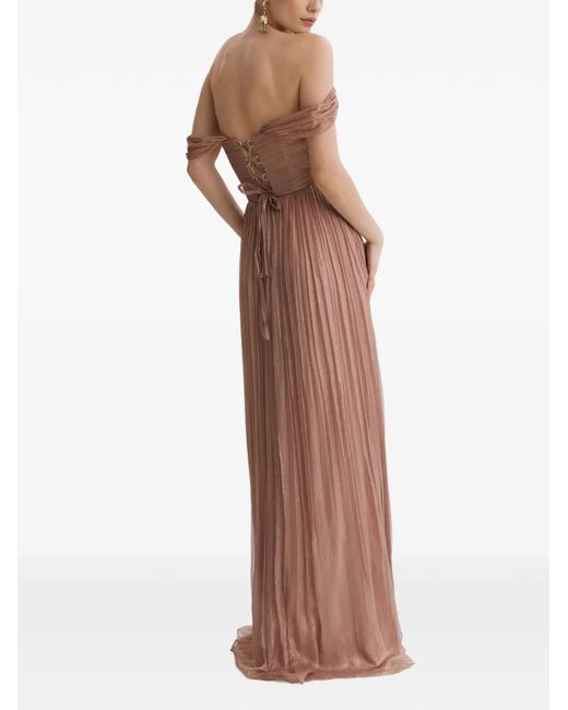 Framboise Brown Vaasa Off-Shoulder Pleated Maxi Dress
