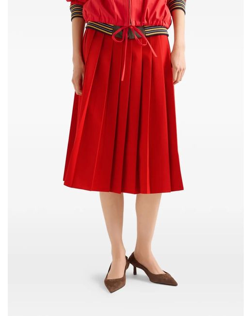 Prada Red Pleated Gabardine Midi-Skirt