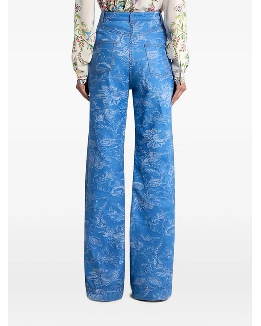 Etro Blue Flared Cotton And Linen Jacquard Denim Jeans With Floral Motif