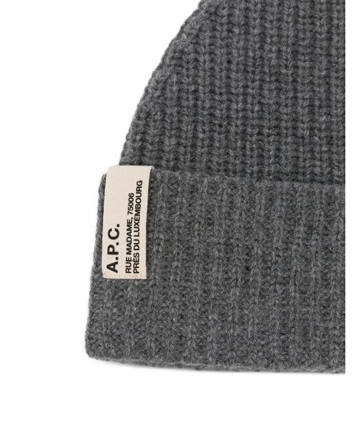 A.P.C. Gray Ribbed-Knit Logo-Patch Beanie Hat for men