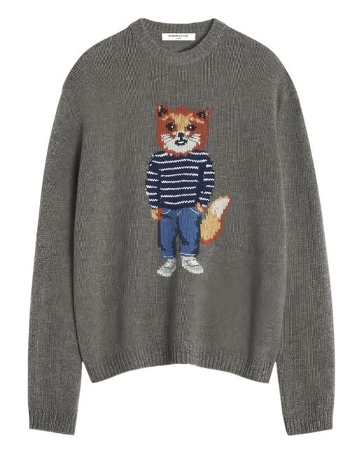 Maison Kitsuné Gray Dressed Fox Intarsia Wool Jumper for men