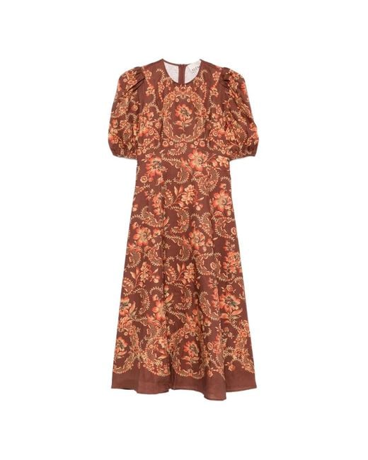 ALÉMAIS Brown Seraphina Puff-Sleeve Floral Midi Dress