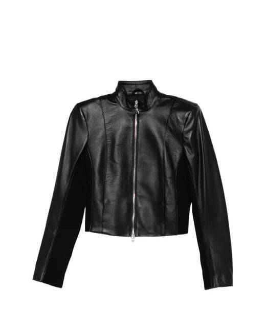 Patrizia Pepe Black Knitted Inserts Leather Biker Jacket
