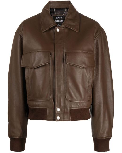 Each x Other Brown Cargo-pocket Leather Bomber Jacket
