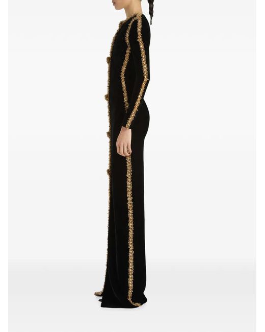 Balmain Black Long Velvet Dress With Embroidered Trim