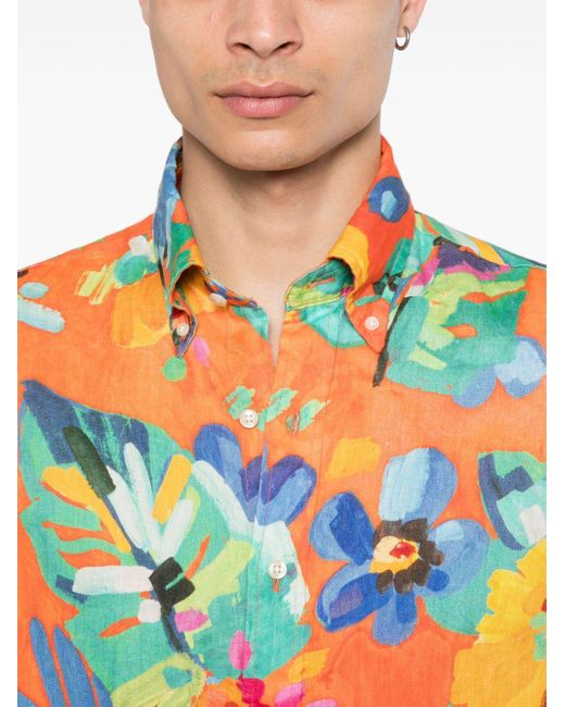 Polo Ralph Lauren Orange Floral Linen Chambray Shirt for men