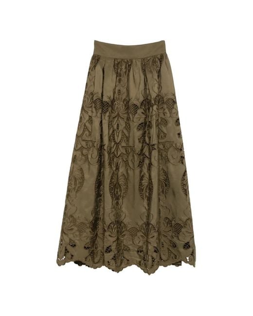MOUTAKI Green Broderie-Anglaise Flared Midi Skirt
