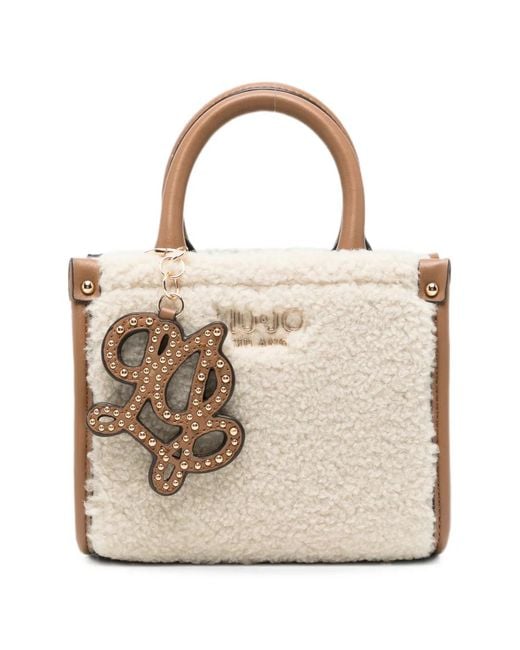 Liu Jo Natural Faux-Shearling Logo-Plaque Tote Bag