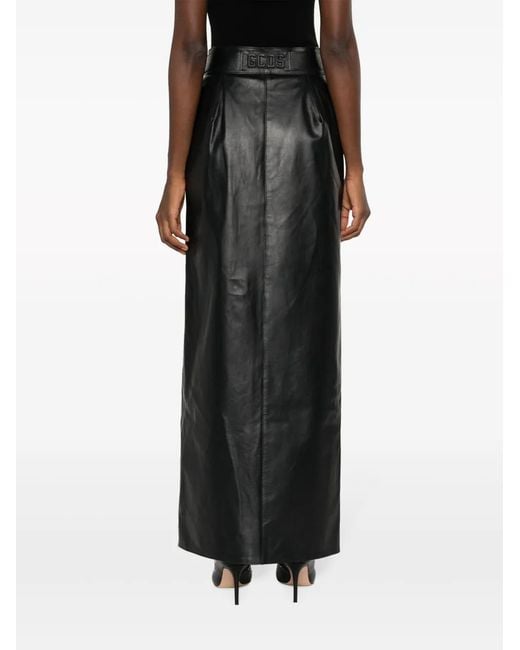 Gcds Black Logo-Embossed Leather Maxi Skirt