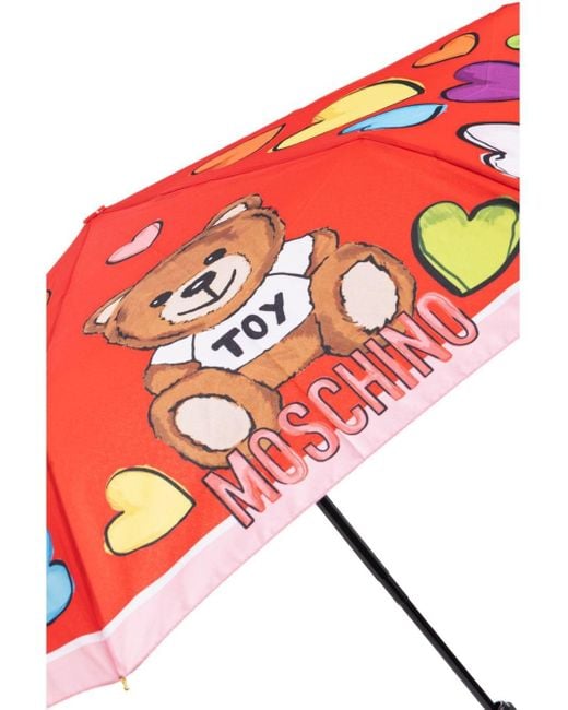 Moschino Red Teddy-Heart Print Compact Umbrella