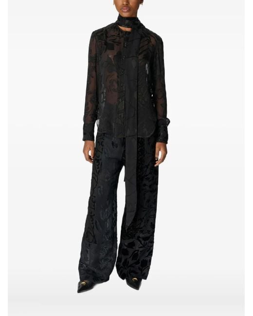 MARINE SERRE Black Floral-Print Silk Scarf Blouse