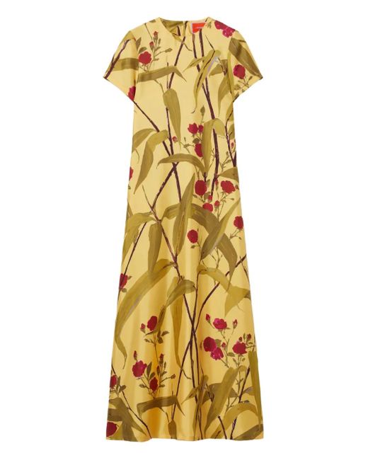 LaDoubleJ Metallic Floral-Print Swing Midi Day Dress